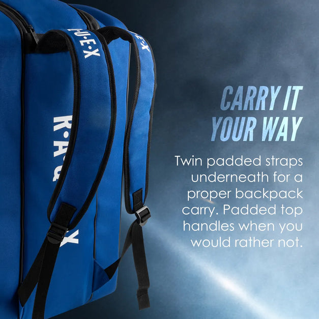 Twin padded straps underneath the blue Raquex Execute Tour padel bag for backpack carry, with padded top handles as the alternative