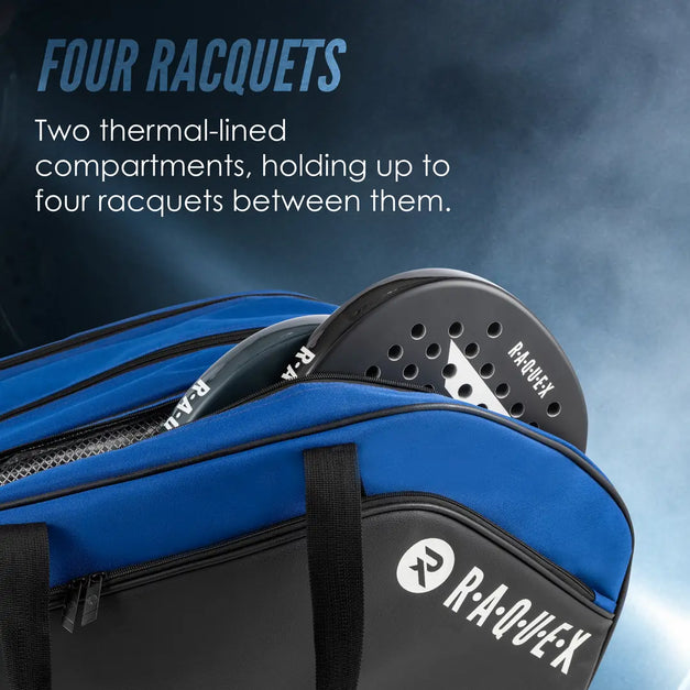 Blue Raquex Execute Tour padel bag with two thermal-lined compartments holding up to four padel racquets between them