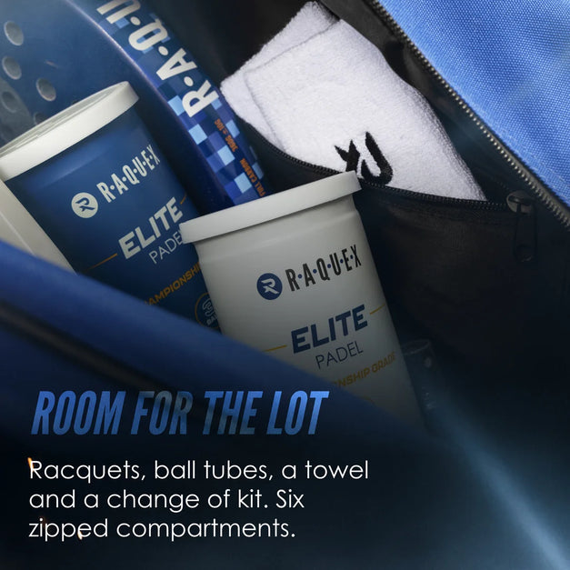 Blue Raquex Execute Tour padel bag packed with racquets, ball tubes, a towel and a change of kit across six zipped compartments