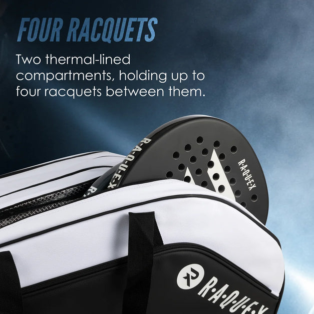White Raquex Execute Tour padel bag with two thermal-lined compartments holding up to four padel racquets between them