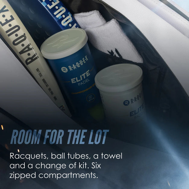 White Raquex Execute Tour padel bag packed with racquets, ball tubes, a towel and a change of kit across six zipped compartments