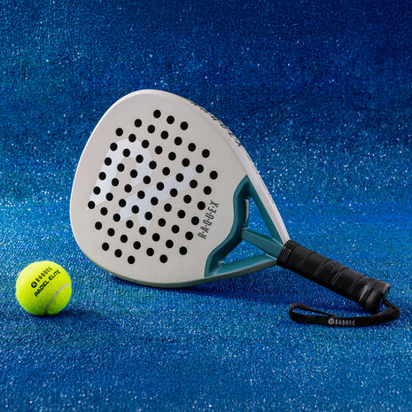 Raquex paddle racquet and tennis ball on a blue textured surface