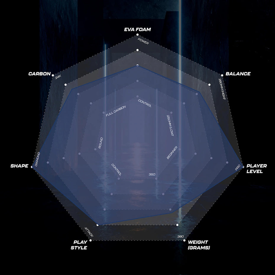 Hexagonal diagram attributes of the Raquex elite padel bat