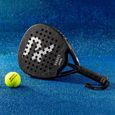 Black raquex excel padel racket with a ball