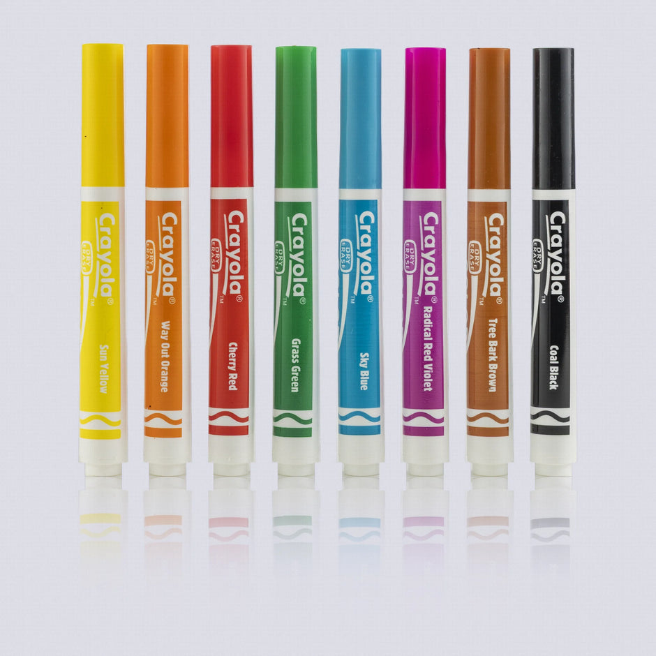 All eight Crayola Colour Wipeoff marker colours, from Sun Yellow to Coal Black