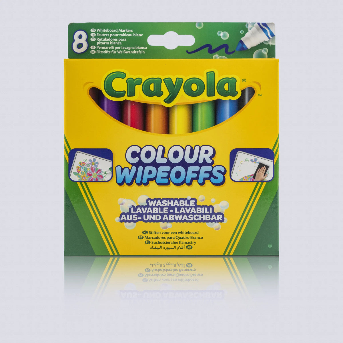 Front of the Crayola Colour Wipeoffs 8 pack box, washable whiteboard markers