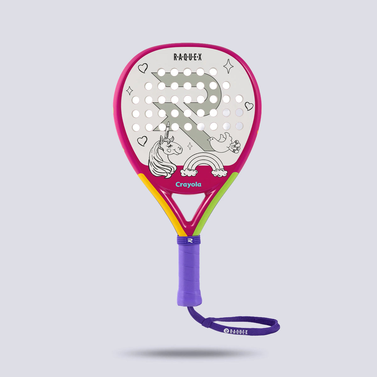 Raquex x Crayola junior padel racquet in pink, unicorn under a rainbow design ready to colour in