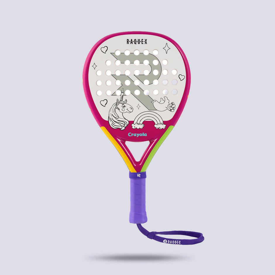 Raquex x Crayola junior padel racquet in pink, unicorn under a rainbow design ready to colour in