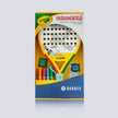 Raquex x Crayola Colour and Play padel racquet box, front, showing the four wipe-off markers included