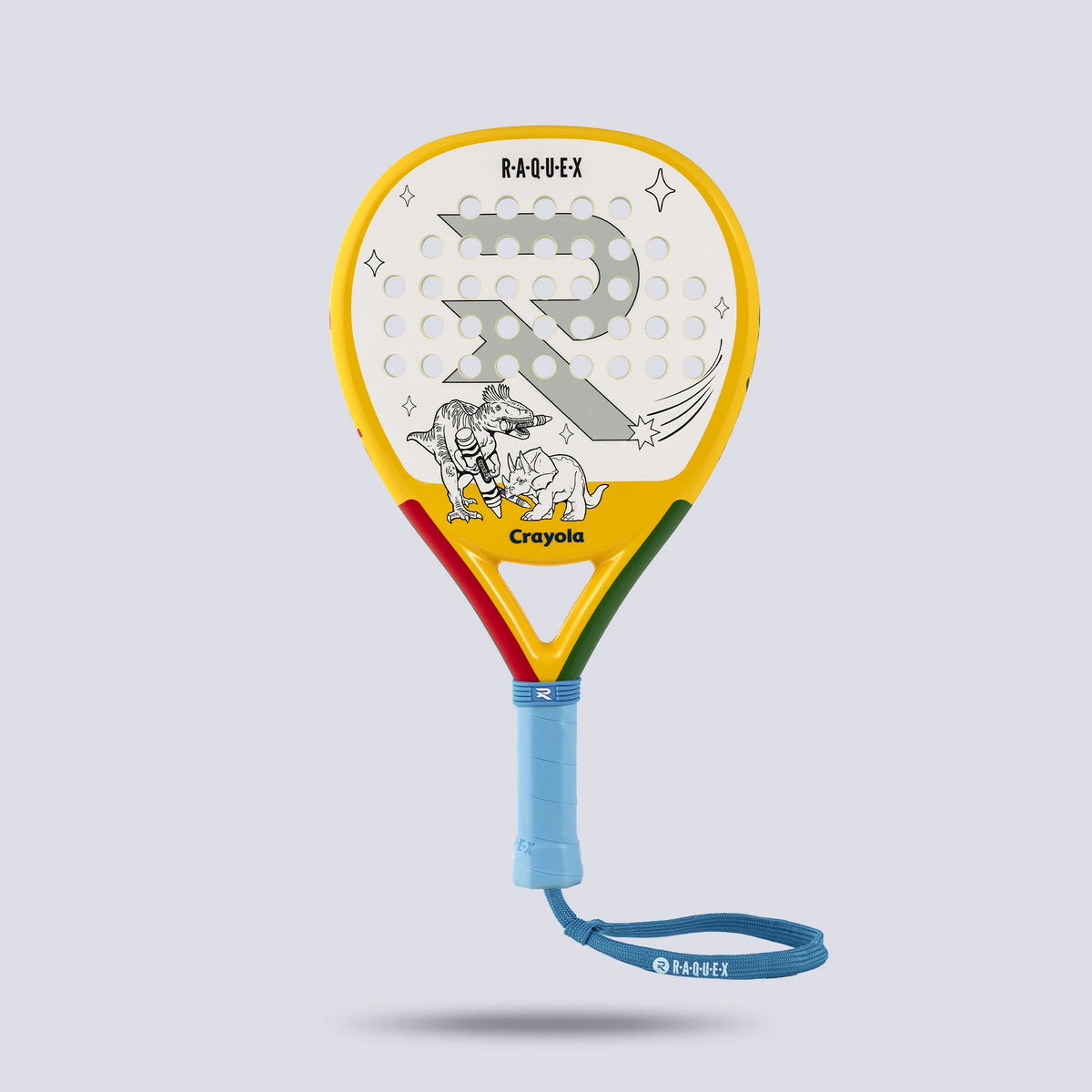 Raquex x Crayola junior padel racquet in yellow, dinosaur design on the reverse face, ready to colour in