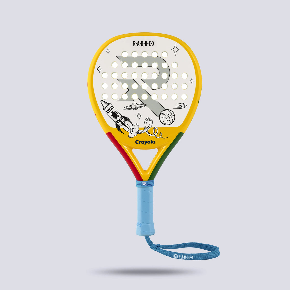 Raquex x Crayola junior padel racquet in yellow, rocket and space design ready to colour in