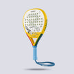 Raquex x Crayola junior padel racquet in yellow at an angle, showing the cushioned grip and fitted wrist strap