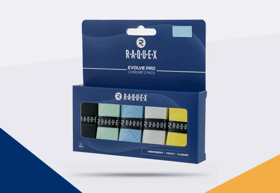 Raquex Evolve Pro overgrip five pack in a navy box, with black, mint, blue, white and yellow overgrips