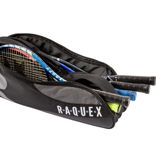 a black Raquex racquet bag for multiple racquets with shoulder strap