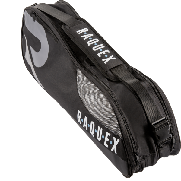 a black Raquex racquet bag with shoulder strap