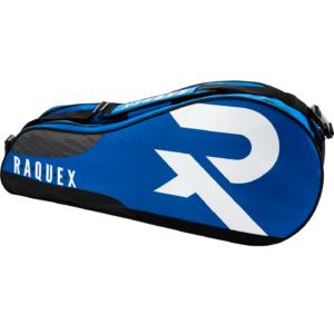 a blue Raquex racquet bag with shoulder strap