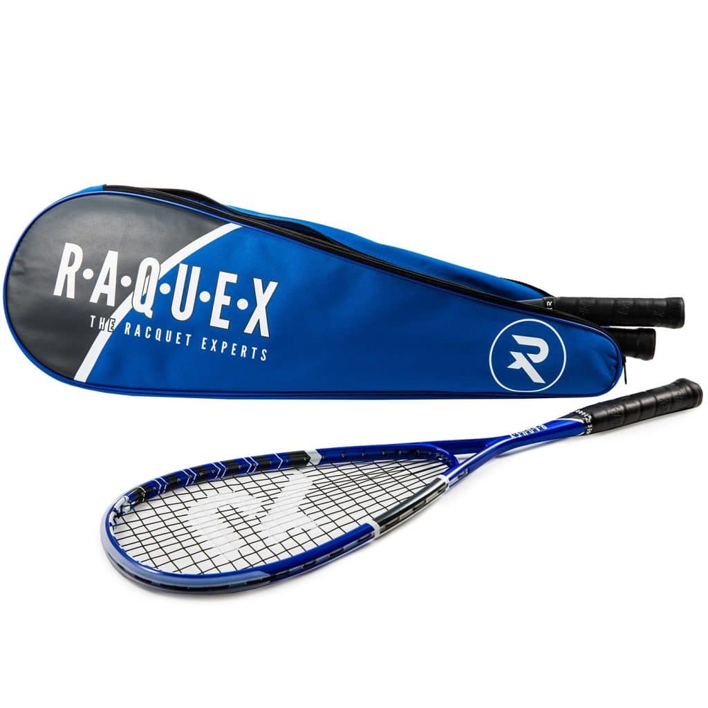 Squash racquet cover in blue and black and matching racquet
