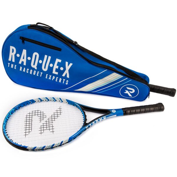 Blue tennis racquet bag on a white background with matching bag