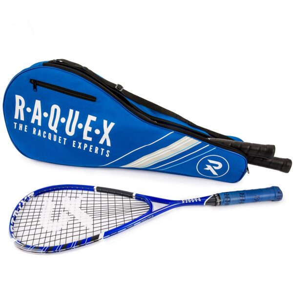 Blue squash racquet with matching bag on a white background