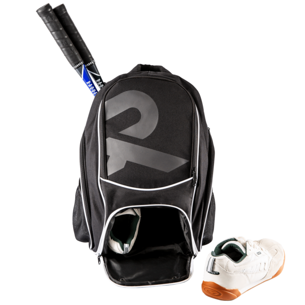 Raquex black racquet backpack with bottle holder and space for the multiple racquets inside as well as shoe compartment