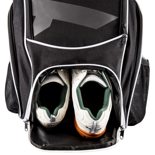 Raquex black racquet backpack with shoes in the shoe compartment