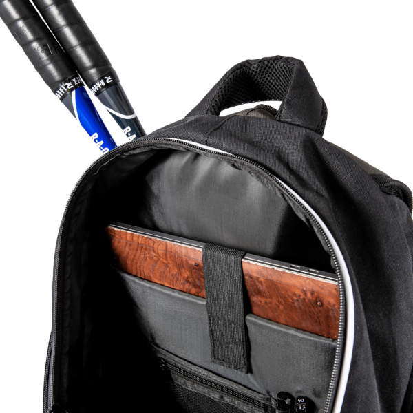 Raquex black racquet backpack with multiple racquets inside and a laptop in the laptop sleeve