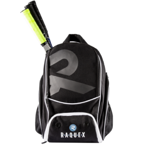 Raquex black racquet backpack with racquets inside, handles poking out