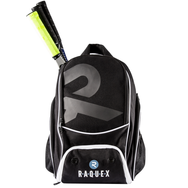 Raquex black racquet backpack with racquets inside, handles poking out