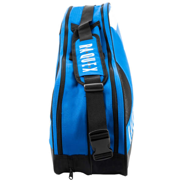 a longways view of blue Raquex racquet bag with shoulder strap