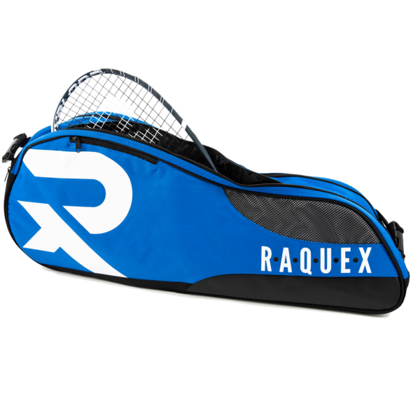 a blue Raquex racquet bag with shoulder strap, compartment open with a racquet inside
