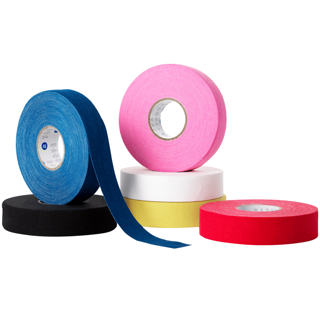 a display of multiple different coloured Raquex sport cloth tapes