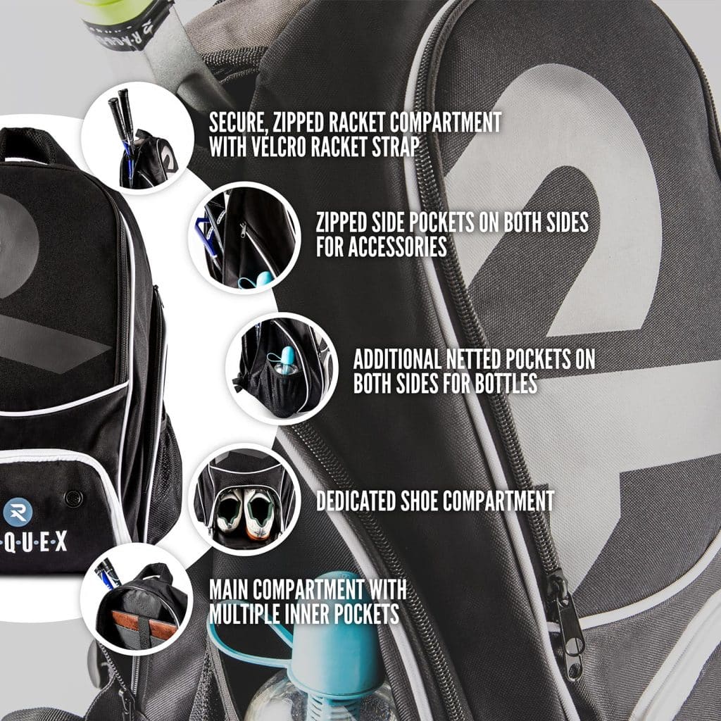 features shown on the racquet backpack, including racket compartment, netted side pockets, shoe compartment