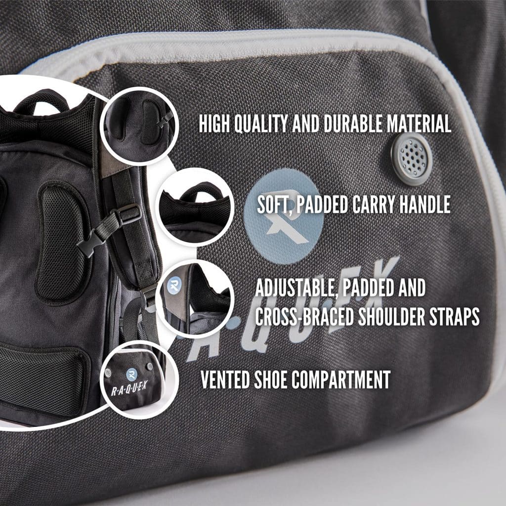 Raquex backpack features graphic including padded carry handle, shoulder straps and vented shoe compartment