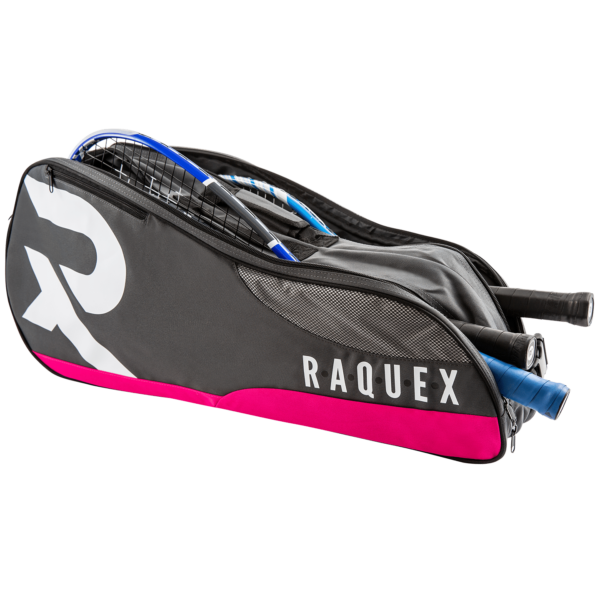 a black and pink Raquex racquet bag with shoulder strap clearly open with racquets inside