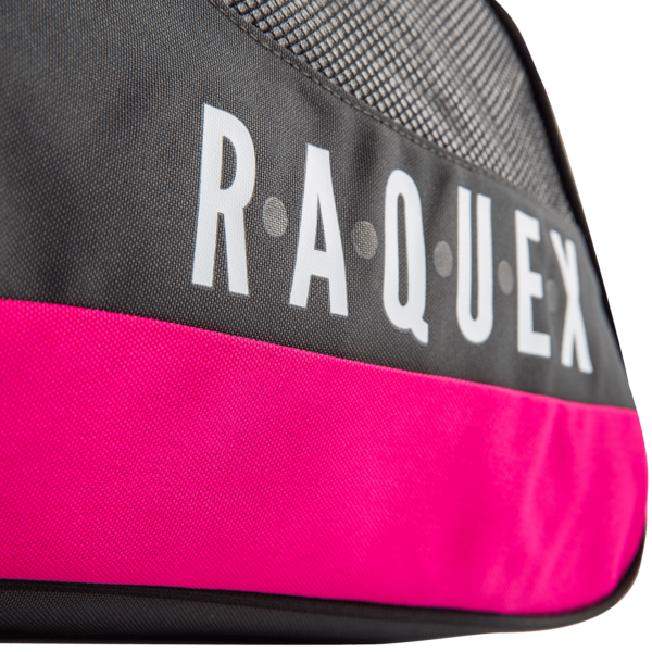 a close view of the Raquex logo on a black and pink Raquex racquet bag with shoulder strap