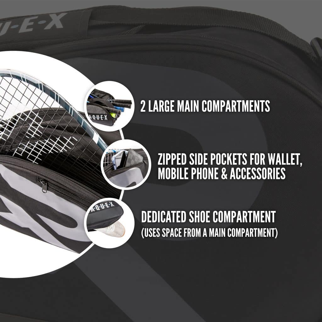 a graphic of a Raquex racquet bag complete with main compartments, dedicated shoe compartment and side pockets for other items