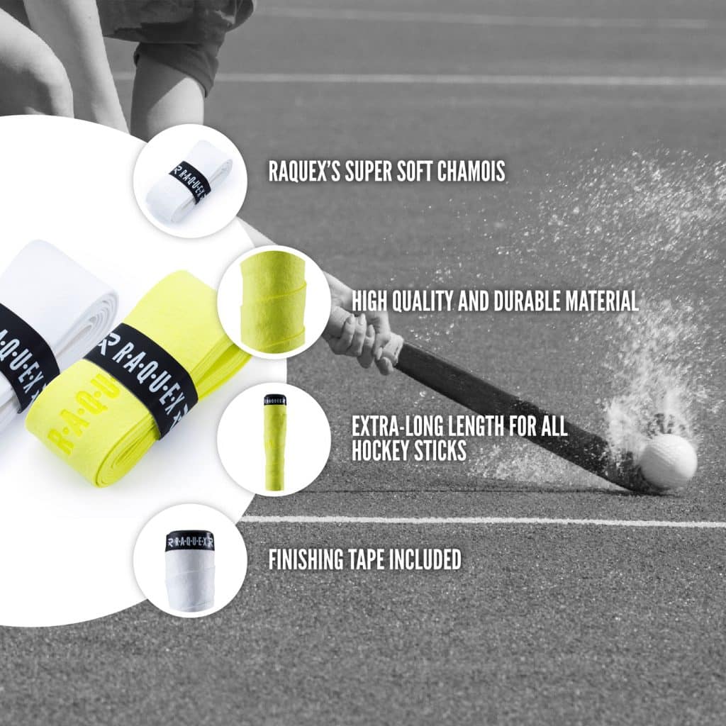 a graphic of Raquex high quality and durable chamois hockey grips complete with finishing tape for all hockey sticks