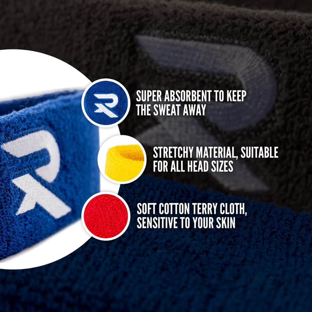 Sweatbands, with text detailing that they are sweat absorbent, stretchy and soft