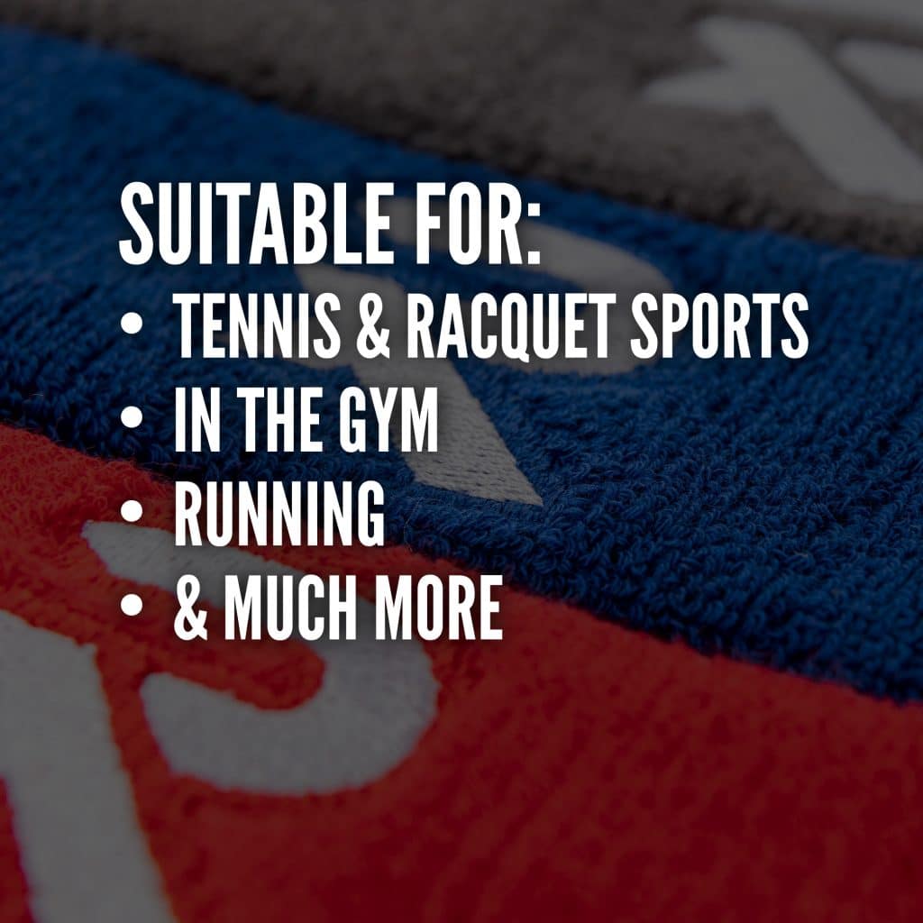 Sweatbands, with text detailing that they are suitable for tennis and racquet sports, in the gym and running