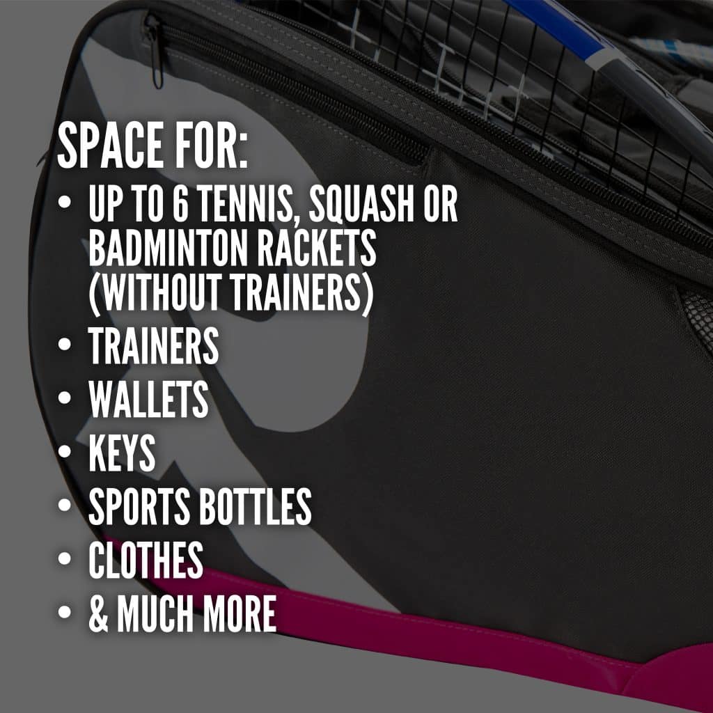 a graphic advertising the features of a Raquex racquet bag with space for 6 rackets