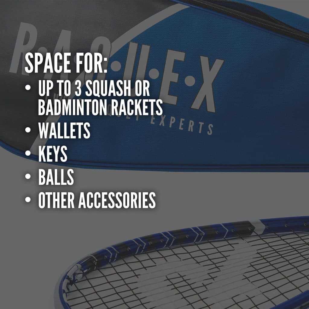 Blue and black racquet bag with text overlay detailing that they hold 3 squash or badminton racquets and various items