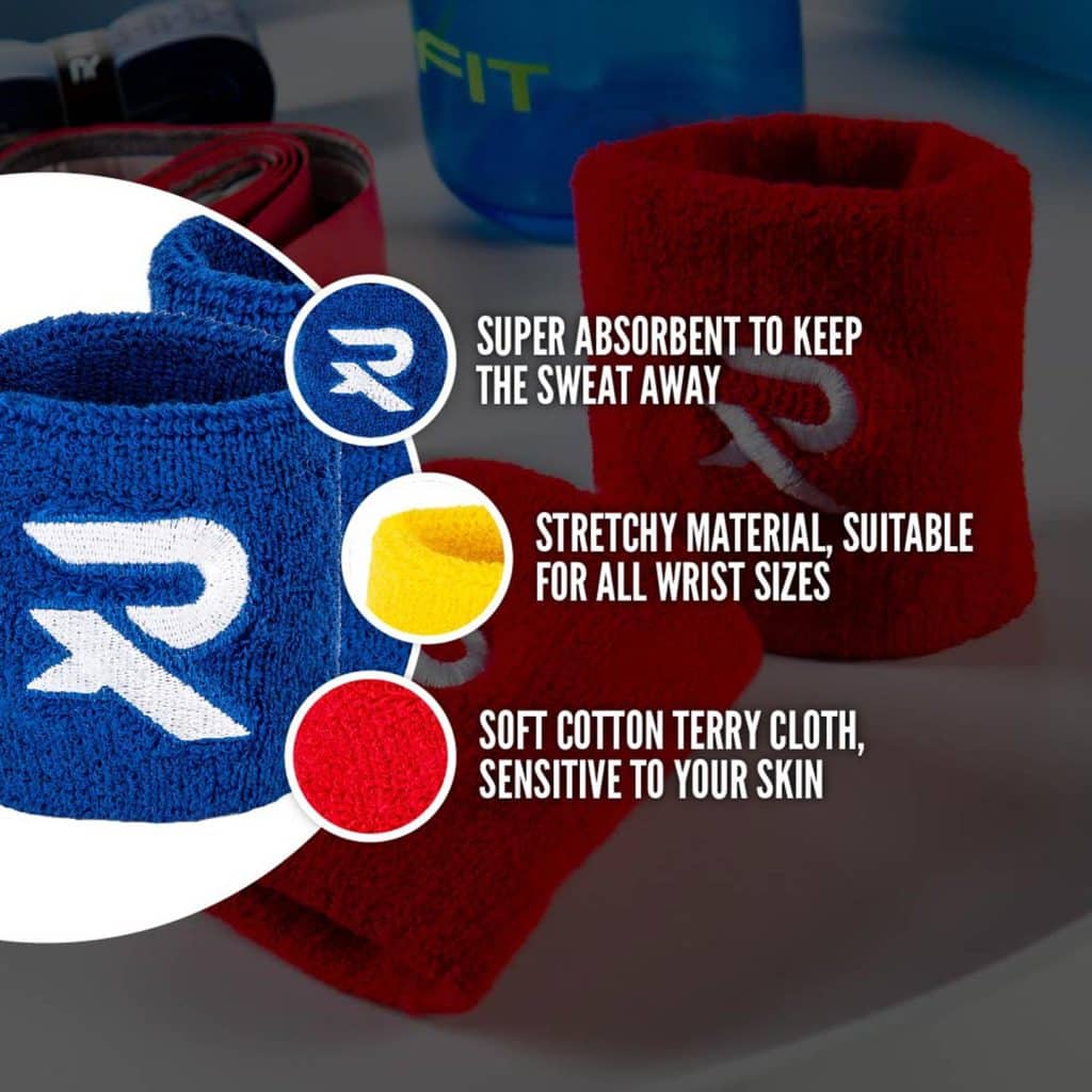 Wristbands with text overlay detailing their benefits, super absorbent and stretchy material