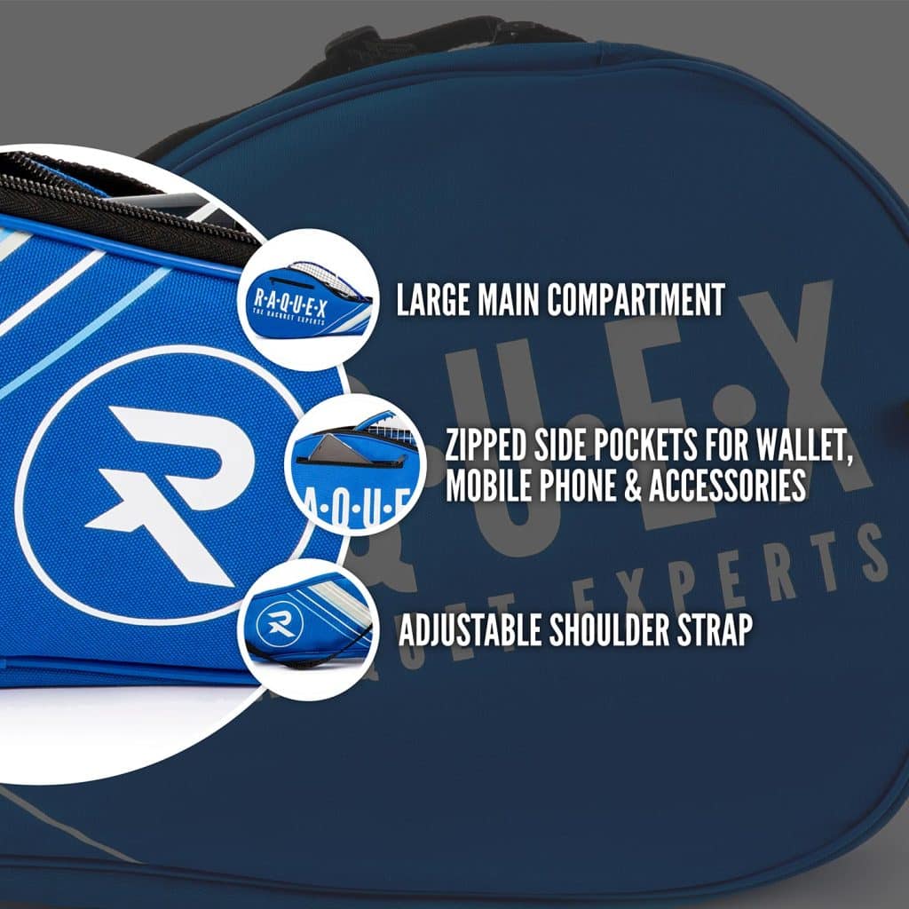 Blue squash racquet with matching bag and white text overlay