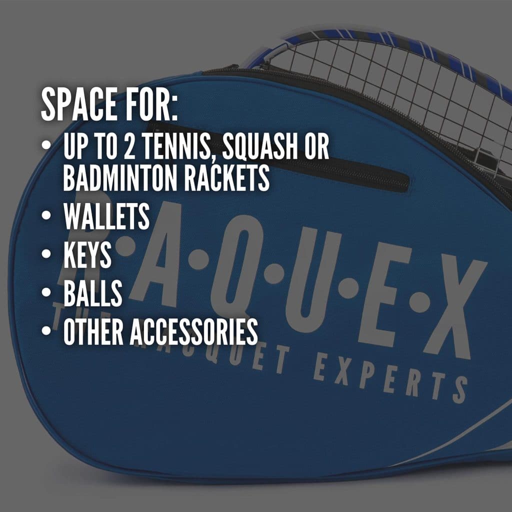 Blue squash racquet with matching bag and white text overlay