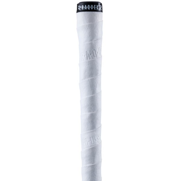 Raquex white chamois hockey grip installed on a hockey stick