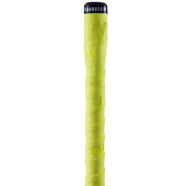 Raquex yellow chamois hockey grip on a hockey stick