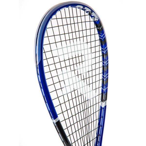Close up of a blue squash racquet head
