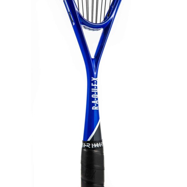 Blue squash racquet with a black racquet grip
