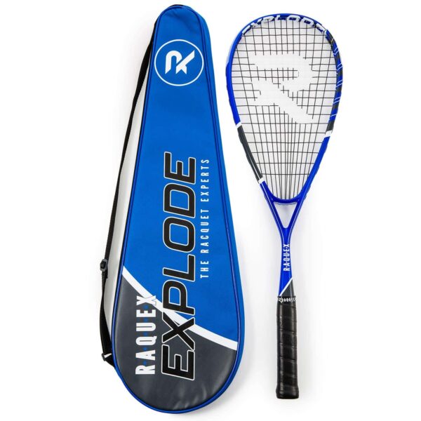 Blue squash racquet with a black racquet grip on the handle and a blue racquet bag