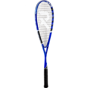 Blue squash racquet with a black racquet grip on the handle
